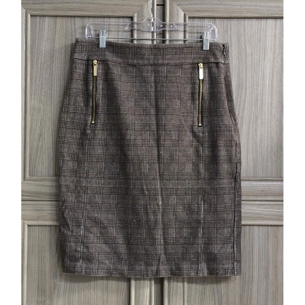 Michael Kors Pencil Skirt Sz Large Glen Plaid Prince Of Whales Vintage Brown Tan
